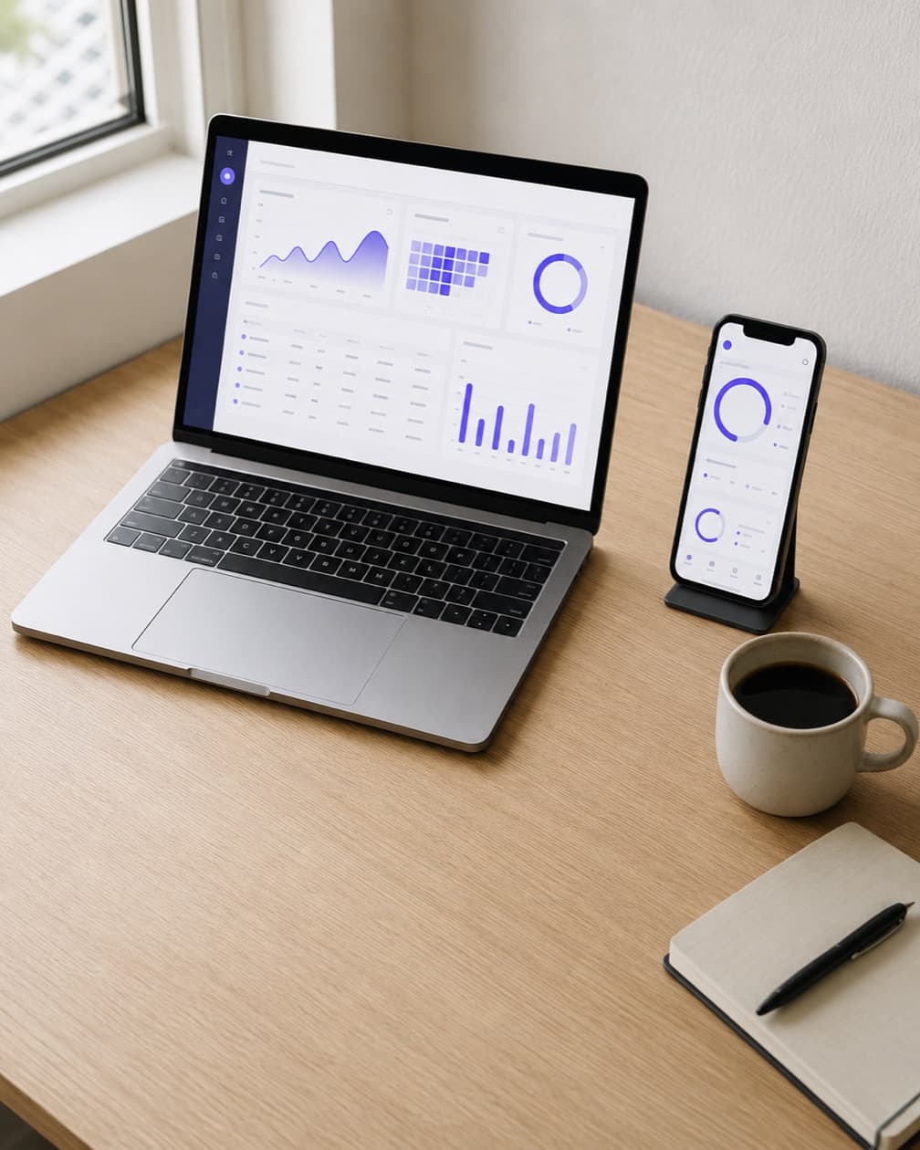 Mesa de trabalho com sistema no notebook e aplicativo no celular