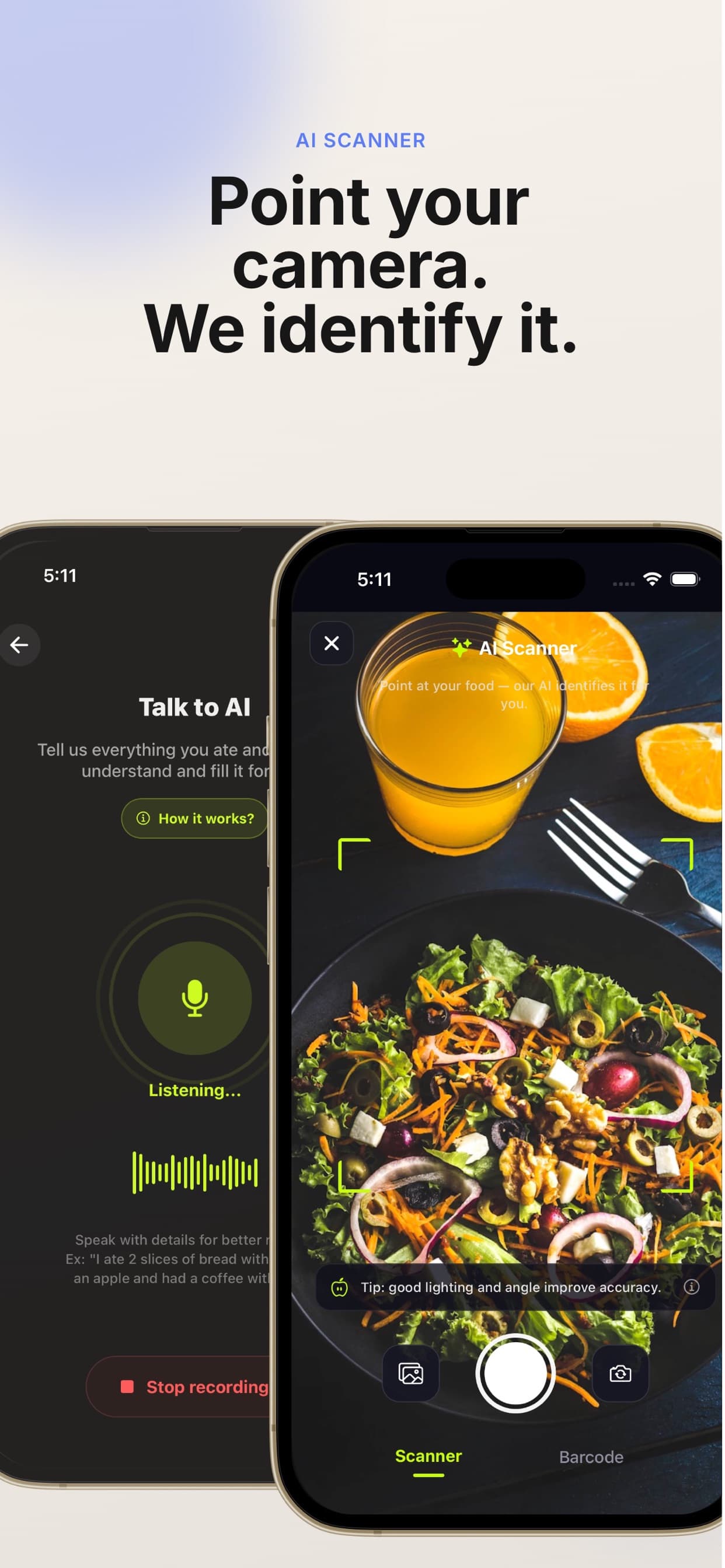 Scanner de IA — aponte a câmera e identifique alimentos no Macrobolt AI