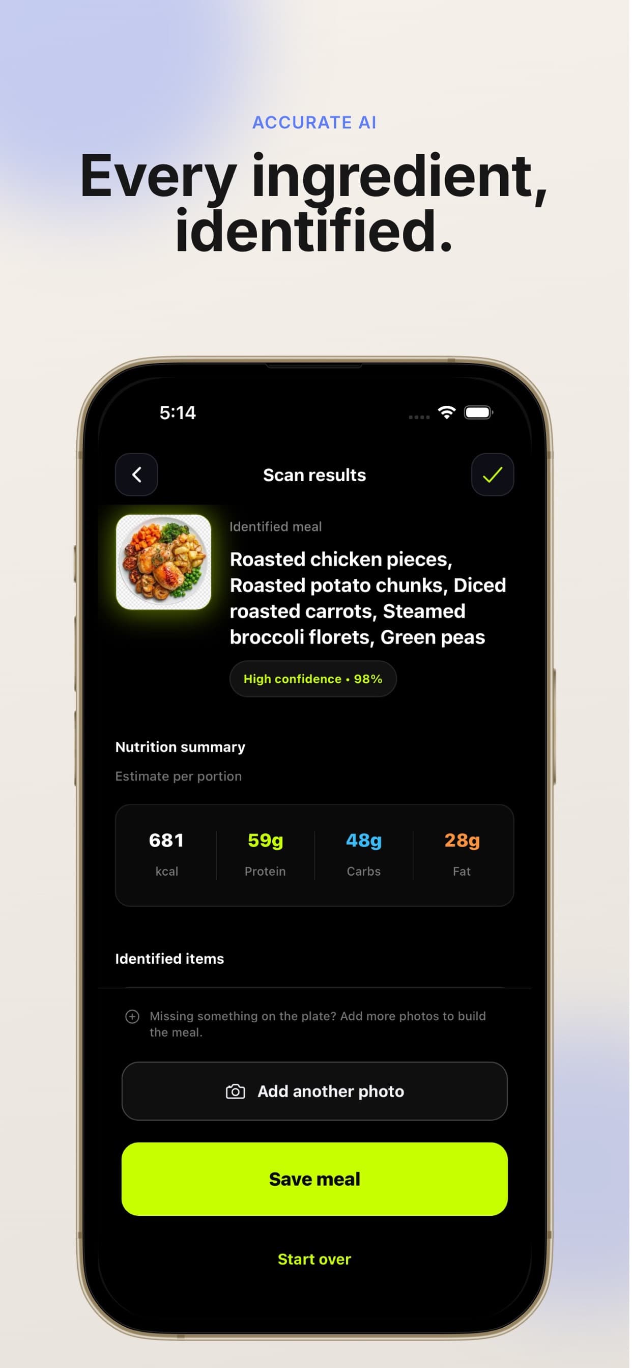 Resultado do scan com macros e ingredientes identificados no Macrobolt AI